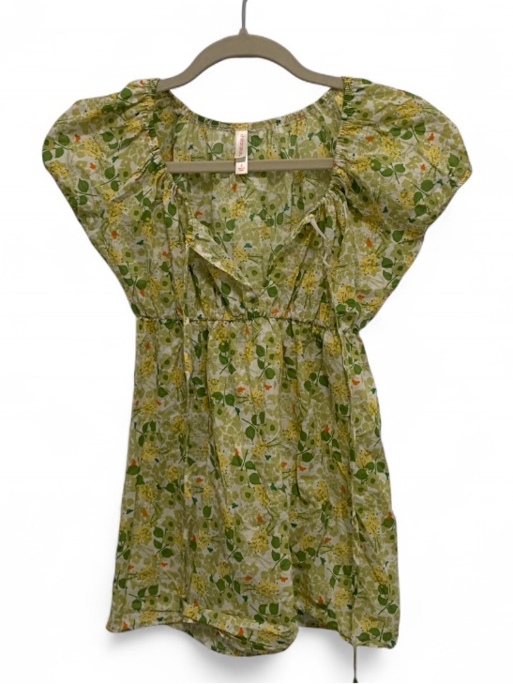 Y2K Xhilaration Green Floral Short Sleeve Peasant Tunic Top